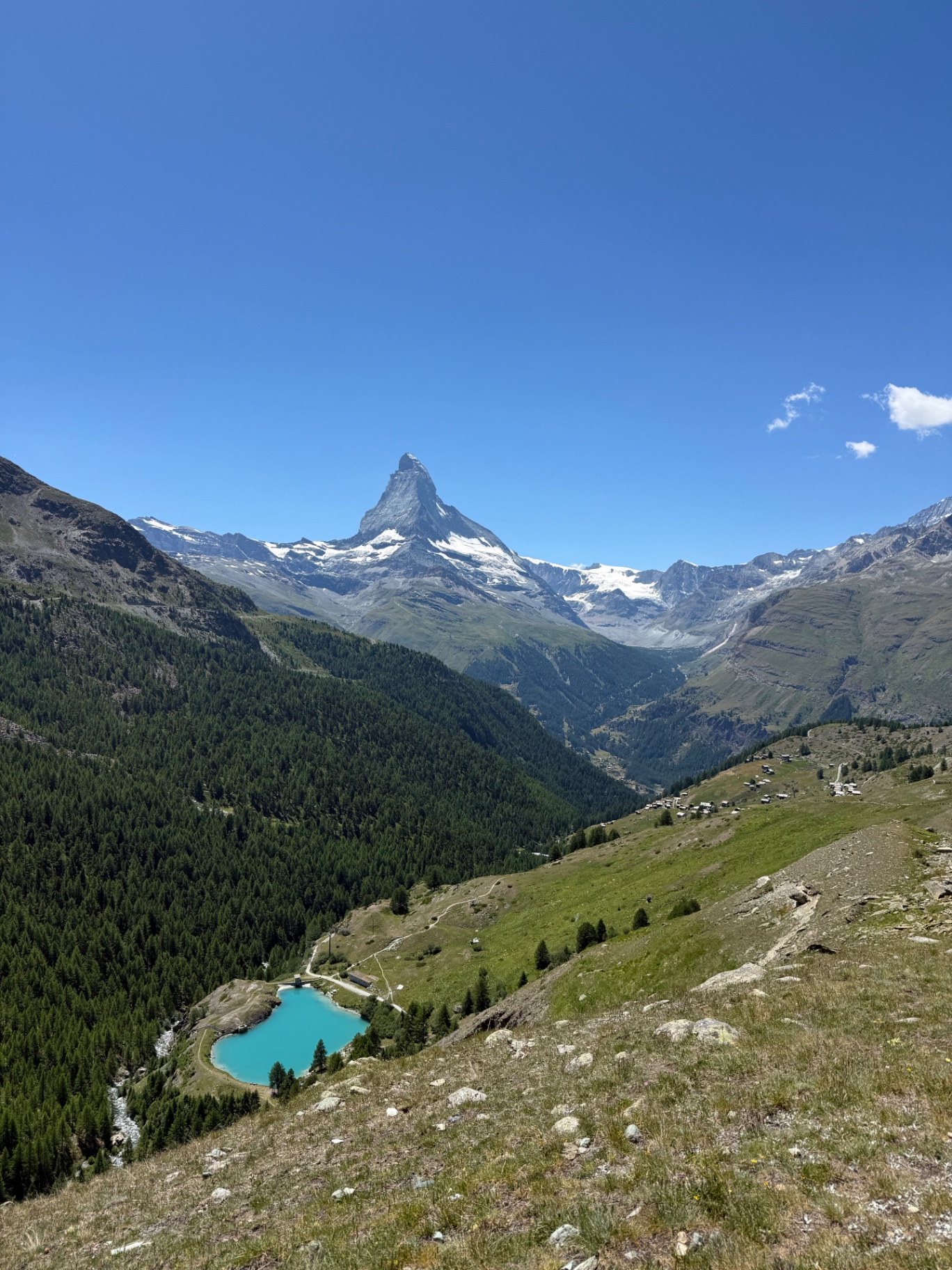 The Matterhorn above a forested valley, with a turquoise lake below a grassy hillside