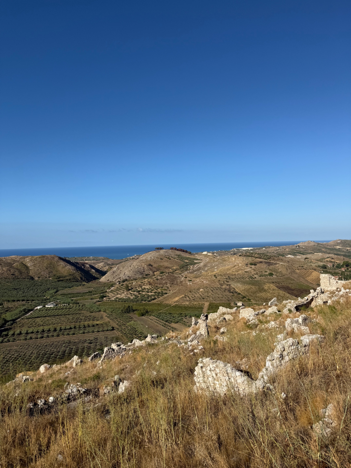 Golden grass and white rocks on a hilltop above olive groves, rolling hills and the blue sea
