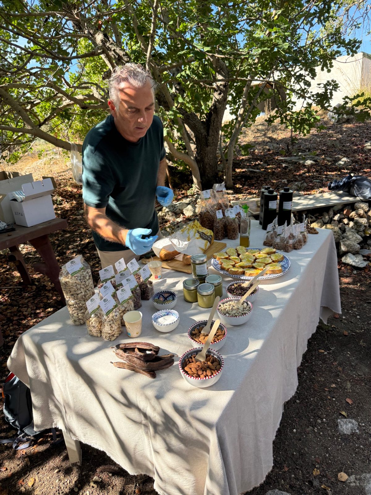 A long tasting table laid with bowls of almonds and pistachios, pesto jars, olive oil, and bruschetta under leafy trees